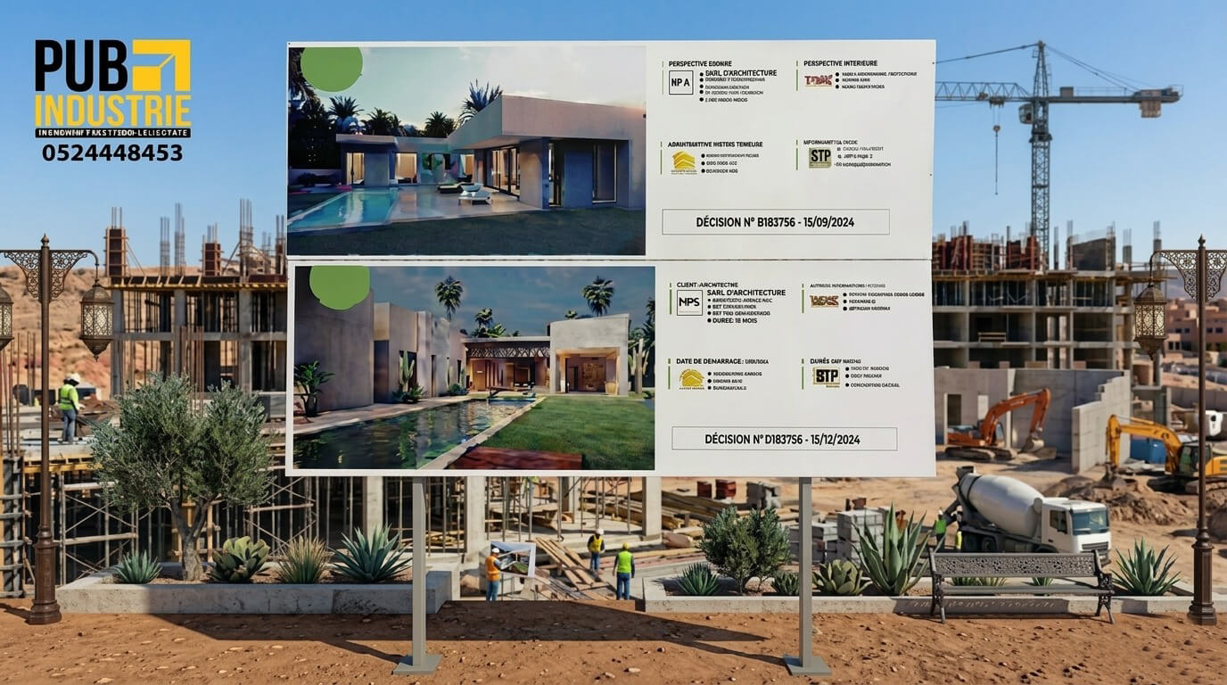 Panneau de chantier réglementaire au Maroc réalisé par Pub Industrie Marrakech, conforme à la loi 66-12, affichant le permis de construire, l'architecte et les visuels 3D du projet immobilier sur un site en construction.